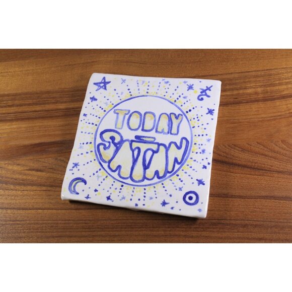 Today Satan Rude Studio Pottery Tile, Hand Made funny plant trivet surface cover - Picture 5 of 10